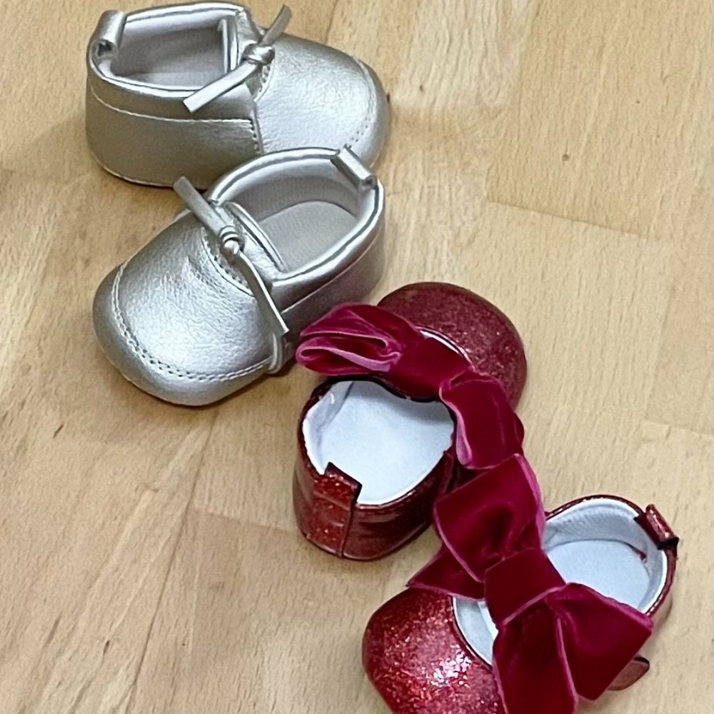2 Pairs, Newborn Baby Shoes, Dressy Red with Velvet Bow, also Metallic Gold Shoe